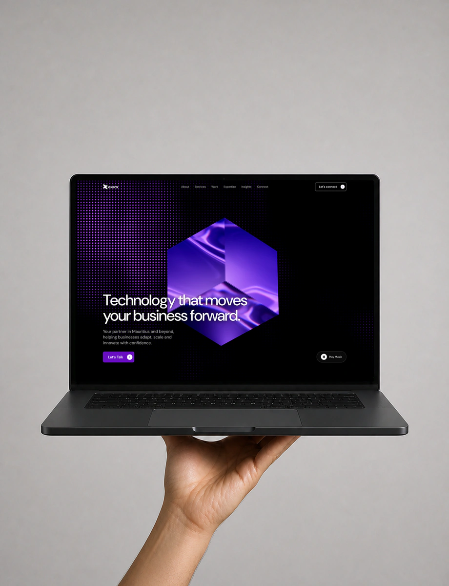 A front-facing black laptop displaying the AXERA technology experience, supported by one hand.