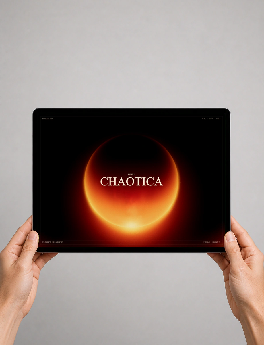 Two hands holding a front-facing tablet displaying the Chaotica Fund digital experience.