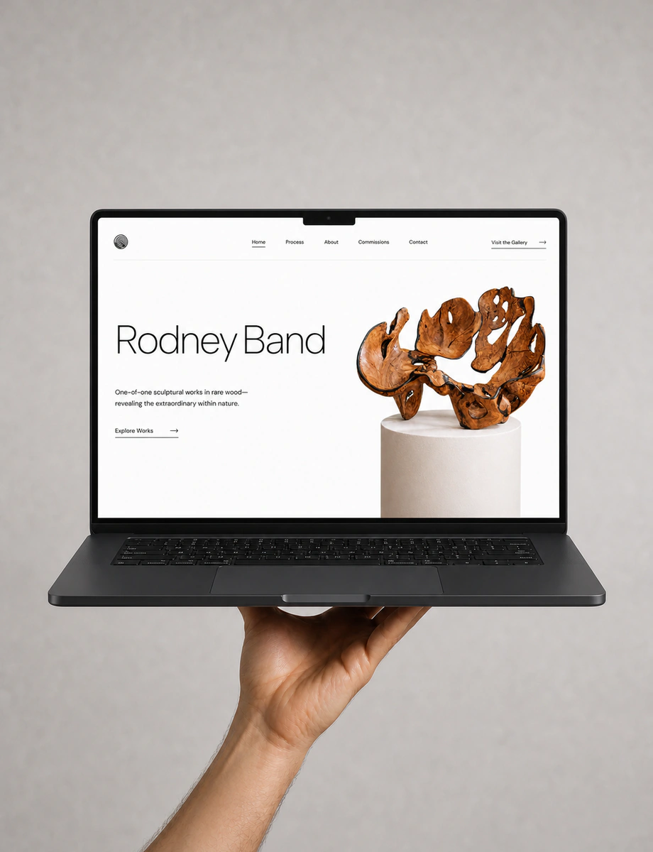 A floating laptop displaying the Rodney Band website.